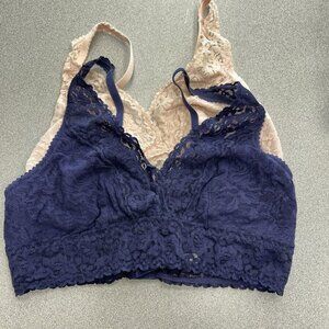 NEW Felina 2-Pack Lace Bralette Adjustable Straps & Hook Navy Nude Size L